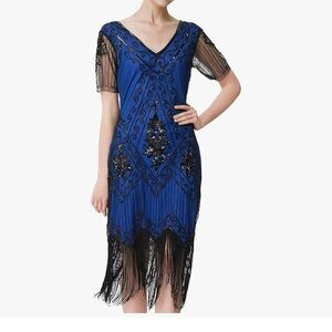 Embellished Roaring 20s Blue and Black V-Neck Sheath Flapper Dress